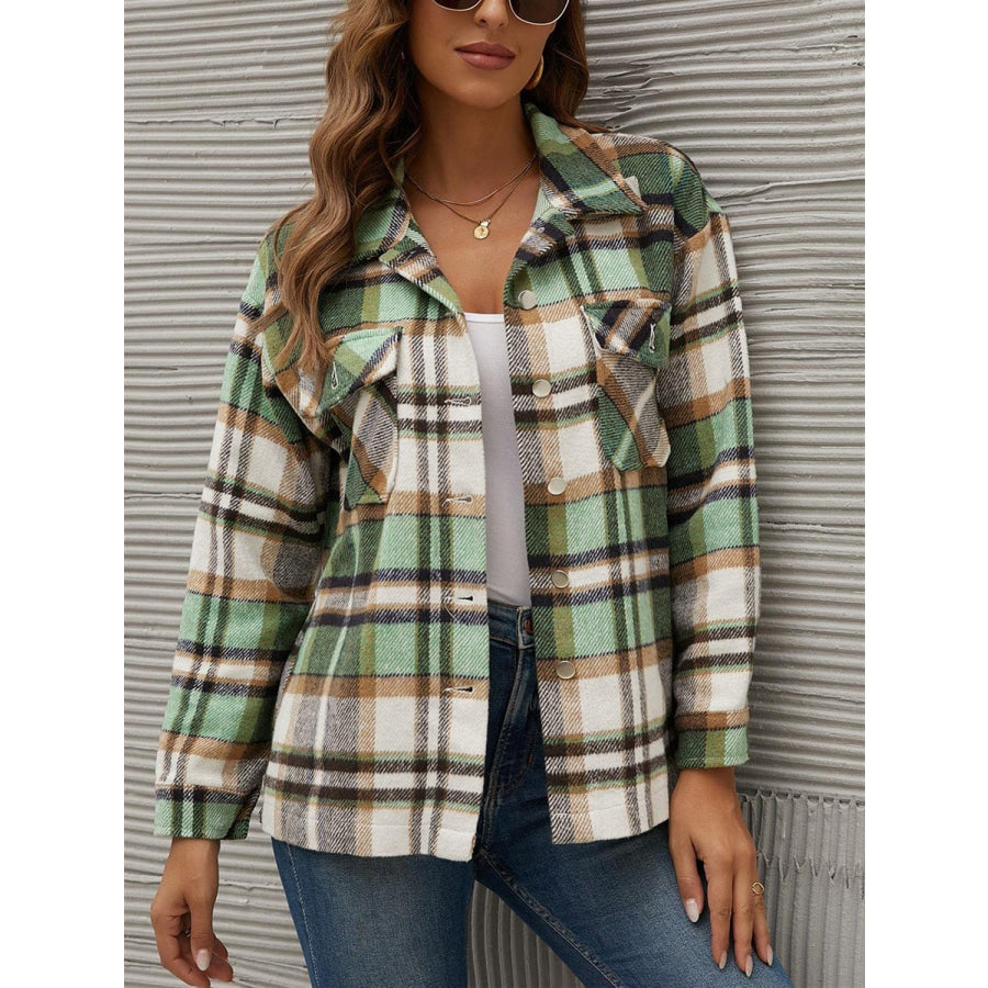 Plaid Collared Neck Long Sleeve Jacket Green / S Apparel and Accessories