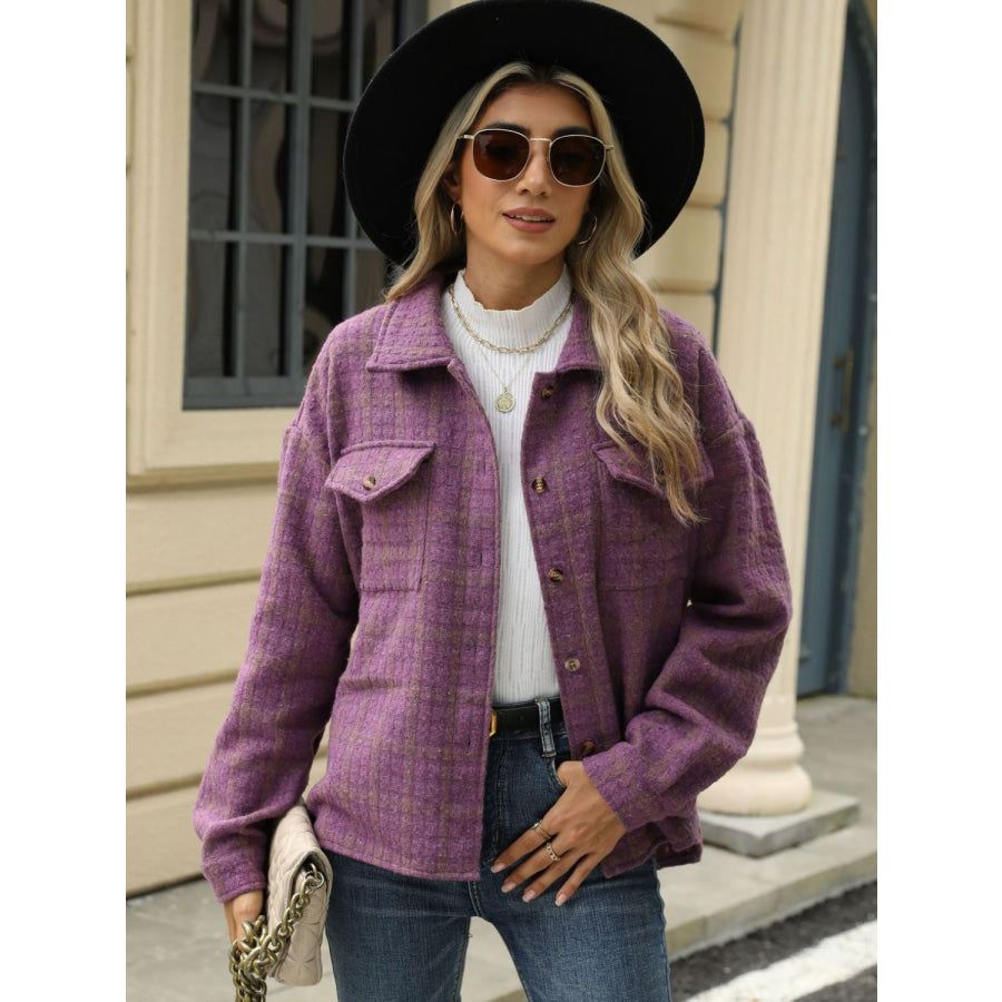 Plaid Collared Neck Long Sleeve Jacket Mauve / S Apparel and Accessories