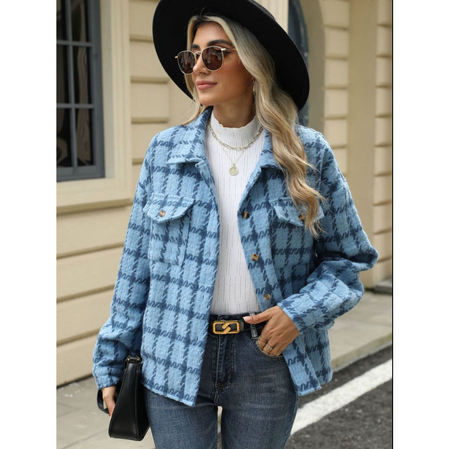 Plaid Collared Neck Long Sleeve Jacket Sky Blue / S Apparel and Accessories