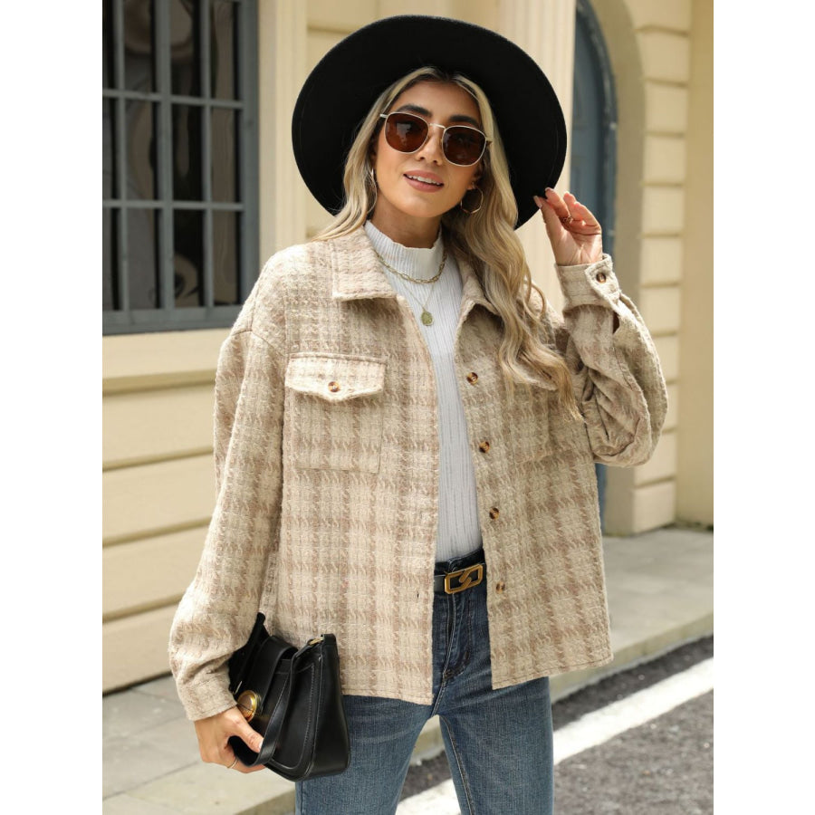 Plaid Collared Neck Long Sleeve Jacket Tan / S Apparel and Accessories