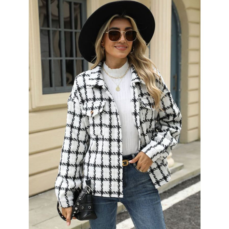 Plaid Collared Neck Long Sleeve Jacket White / S Apparel and Accessories