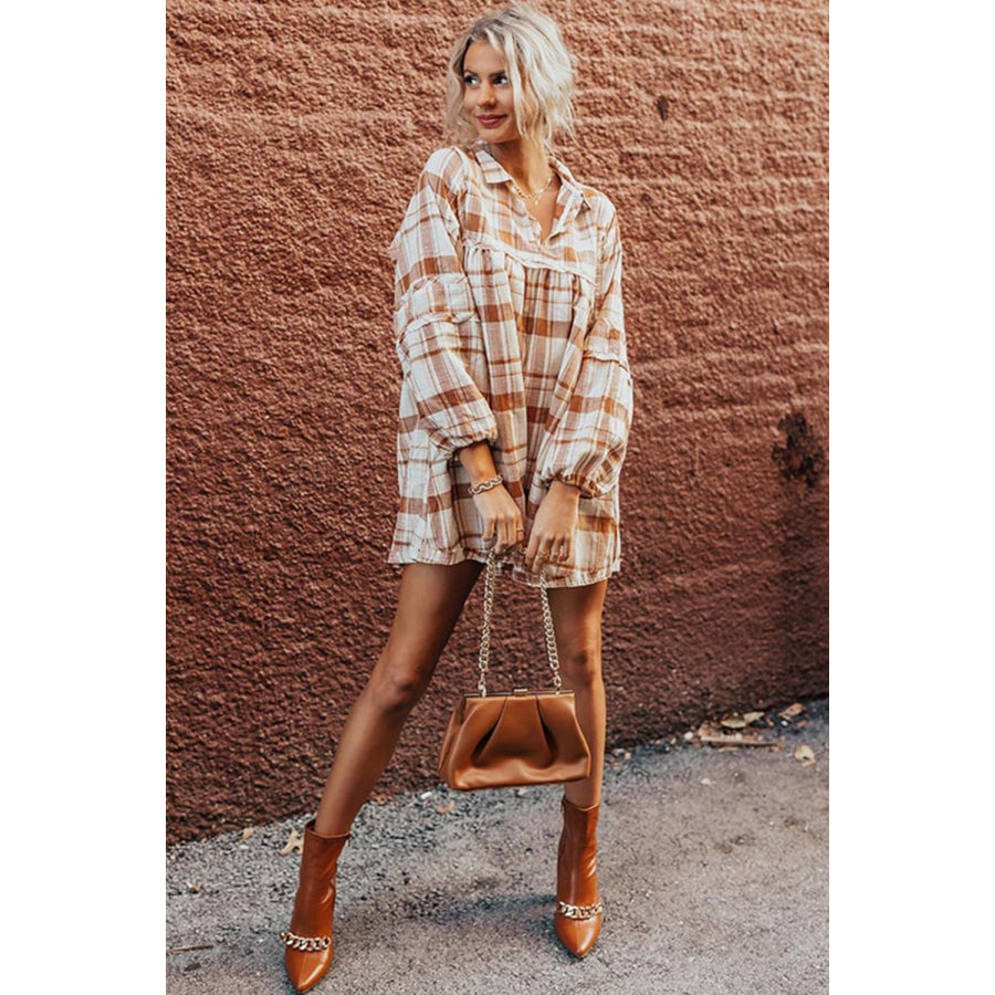 Plaid Collared Neck Long Sleeve Mini Shirt Dress Apparel and Accessories