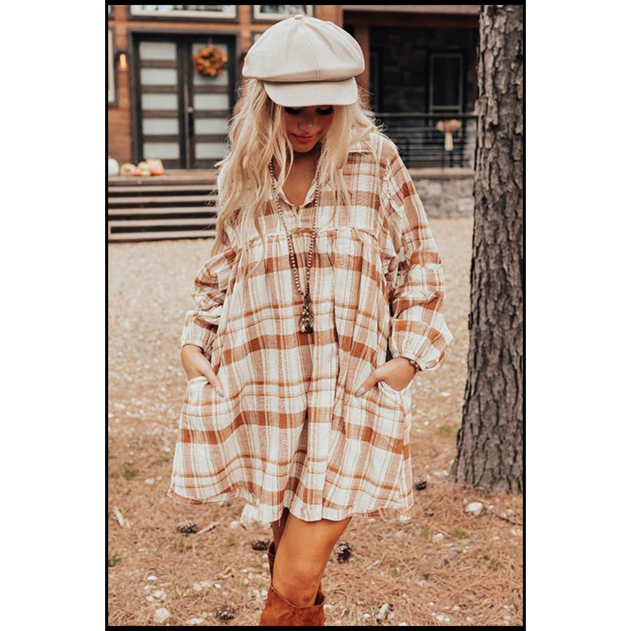 Plaid Collared Neck Long Sleeve Mini Shirt Dress Apparel and Accessories