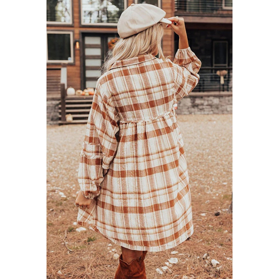 Plaid Collared Neck Long Sleeve Mini Shirt Dress Apparel and Accessories