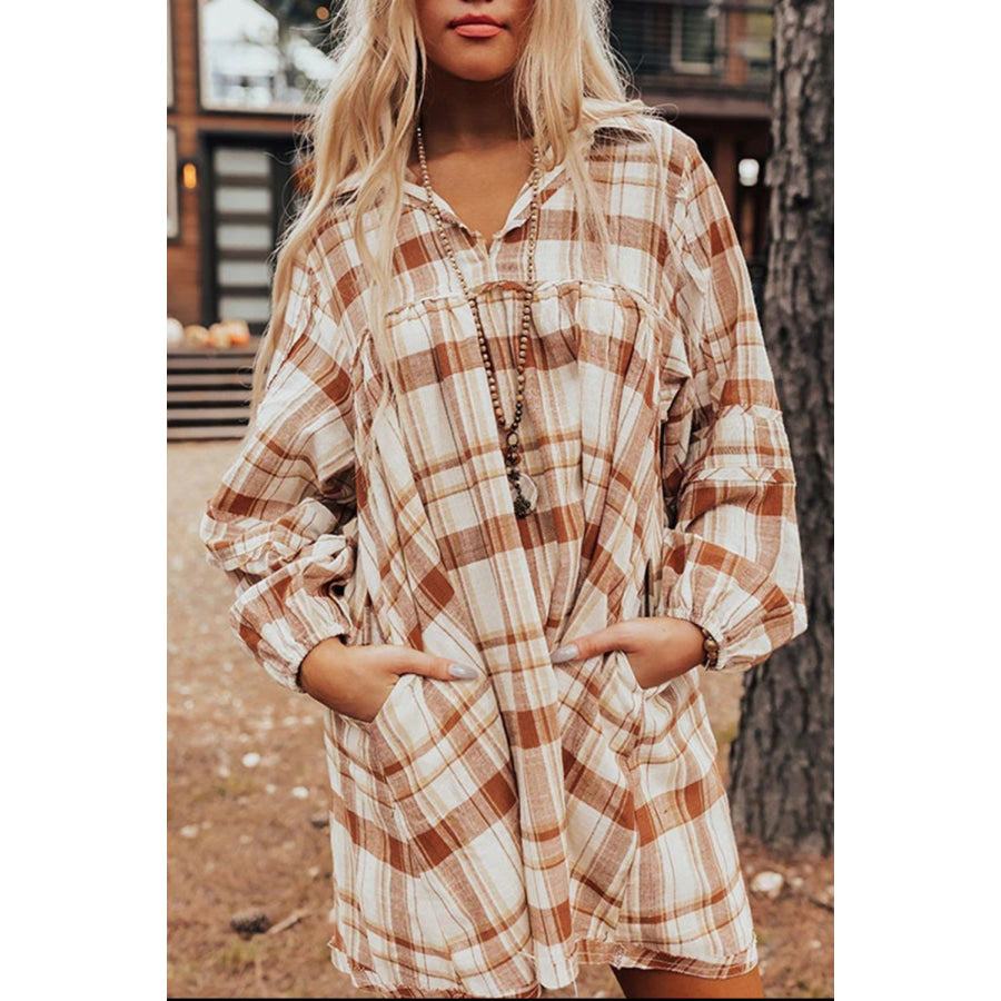 Plaid Collared Neck Long Sleeve Mini Shirt Dress Apparel and Accessories