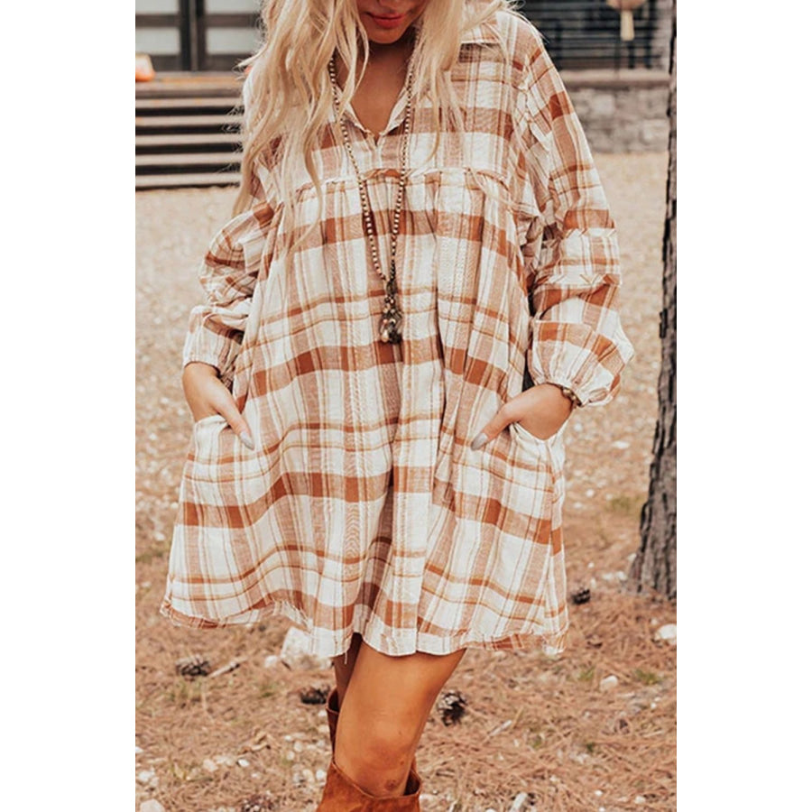 Plaid Collared Neck Long Sleeve Mini Shirt Dress Camel / S Apparel and Accessories