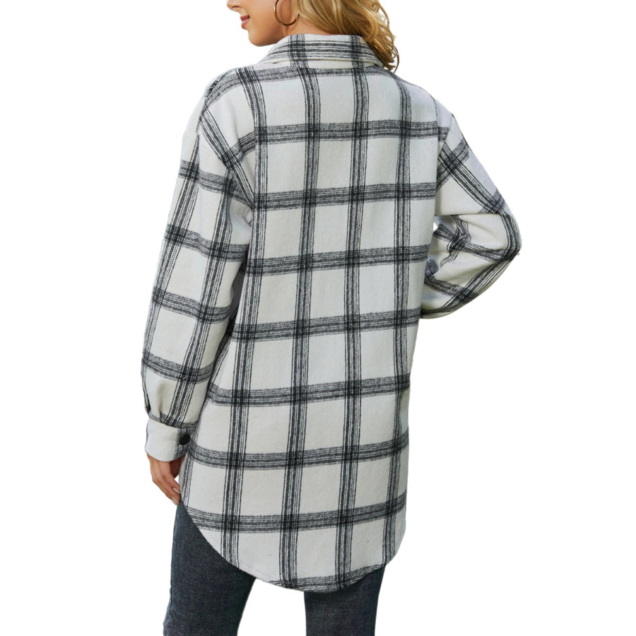 Plaid Collared Neck Long Sleeve Shacket Apparel and Accessories