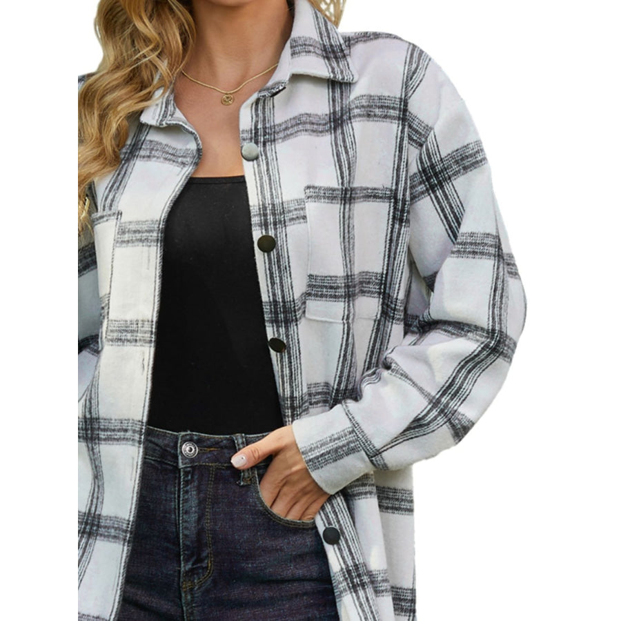 Plaid Collared Neck Long Sleeve Shacket Apparel and Accessories