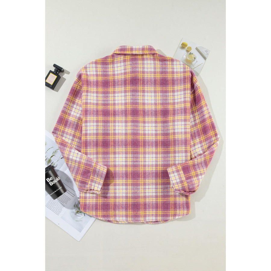 Plaid Collared Neck Long Sleeve Shacket Apparel and Accessories