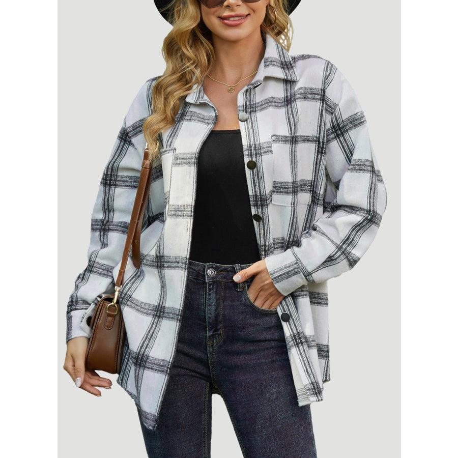 Plaid Collared Neck Long Sleeve Shacket White / S Apparel and Accessories