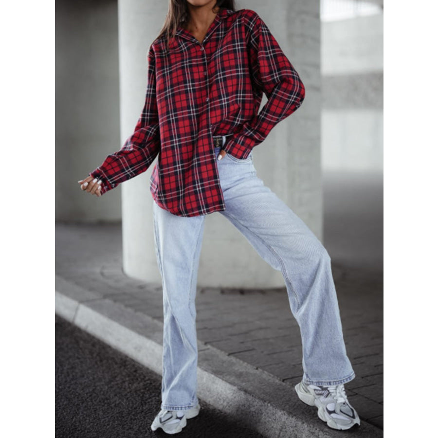 Plaid Collared Neck Long Sleeve Shirt Apparel and Accessories