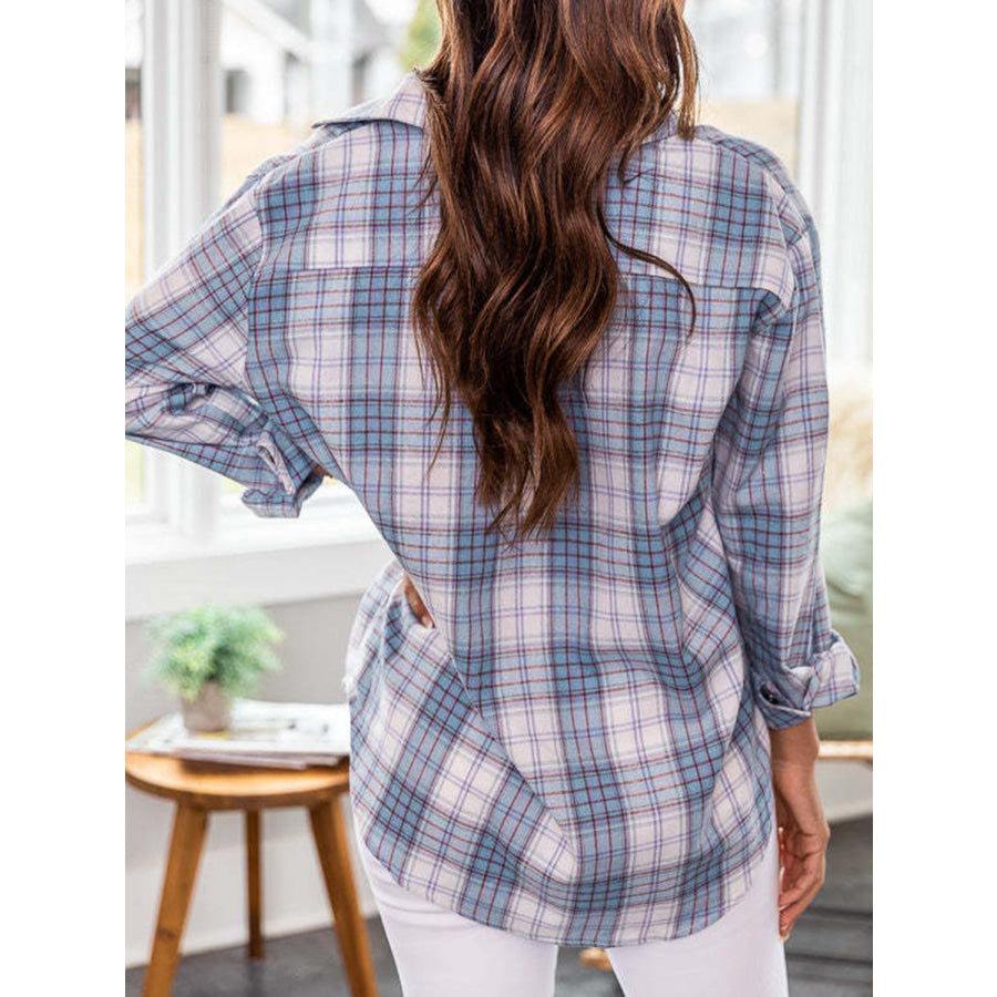 Plaid Collared Neck Long Sleeve Shirt Apparel and Accessories