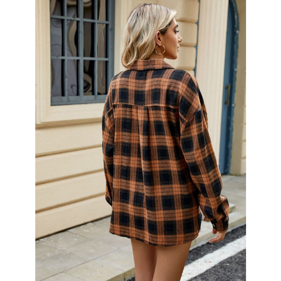 Plaid Collared Neck Long Sleeve Shirt Caramel / S Apparel and Accessories