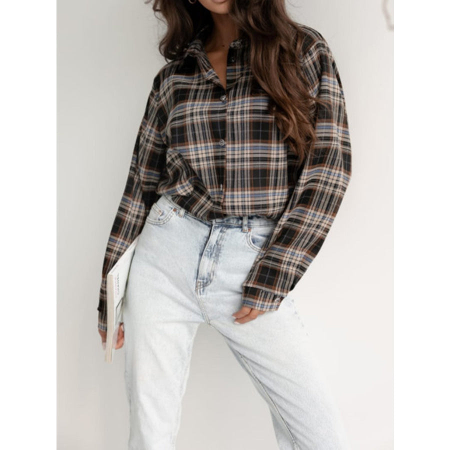 Plaid Collared Neck Long Sleeve Shirt Apparel and Accessories