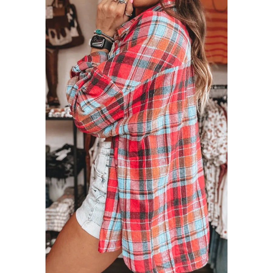 Plaid Collared Neck Long Sleeve Shirt Apparel and Accessories