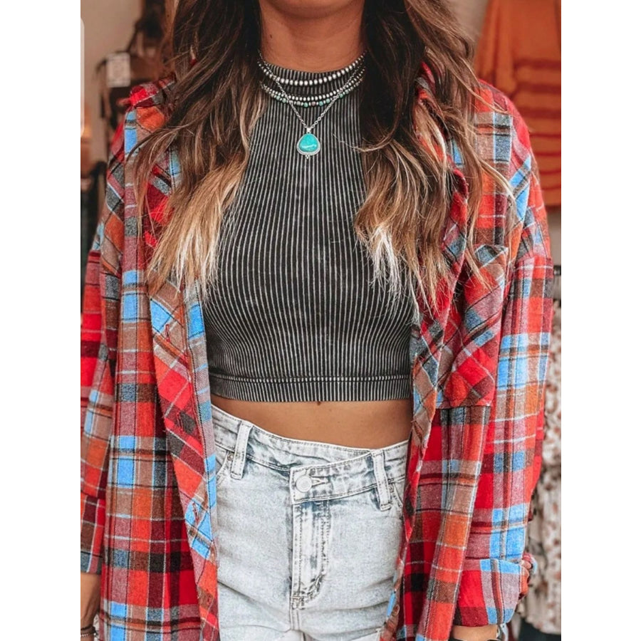 Plaid Collared Neck Long Sleeve Shirt Apparel and Accessories