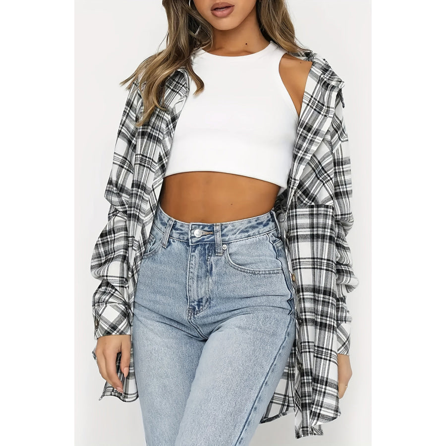 Plaid Collared Neck Long Sleeve Shirt Gray / S Apparel and Accessories