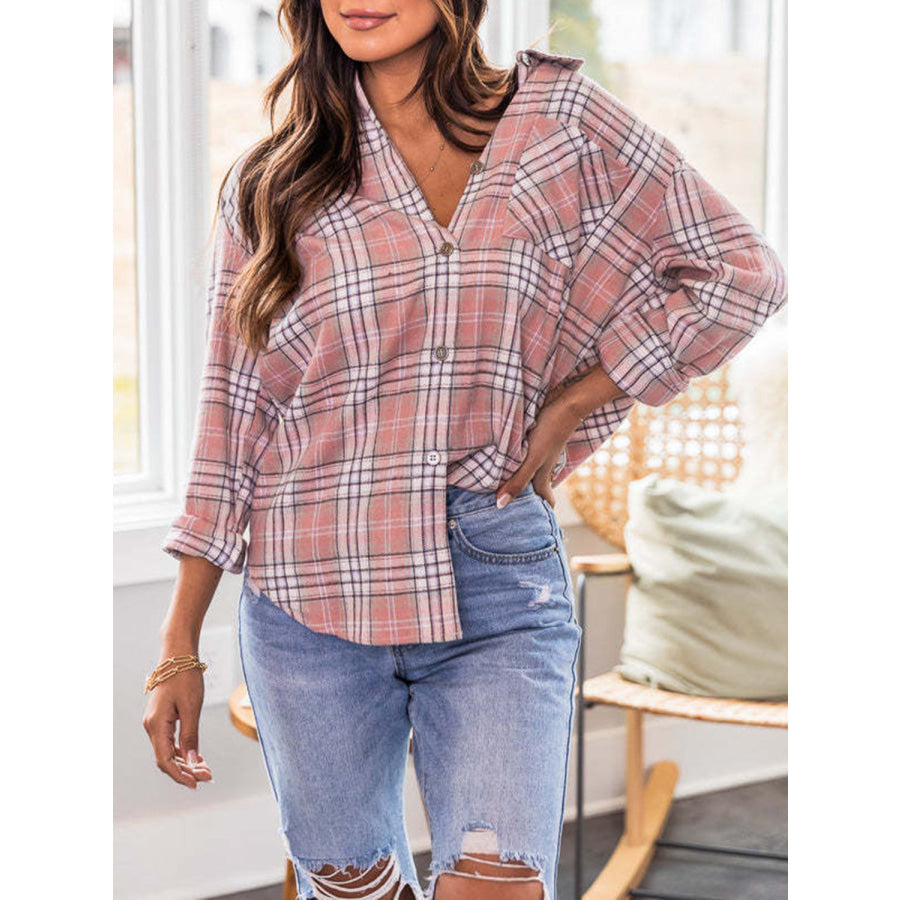 Plaid Collared Neck Long Sleeve Shirt Blush Pink / S Apparel and Accessories