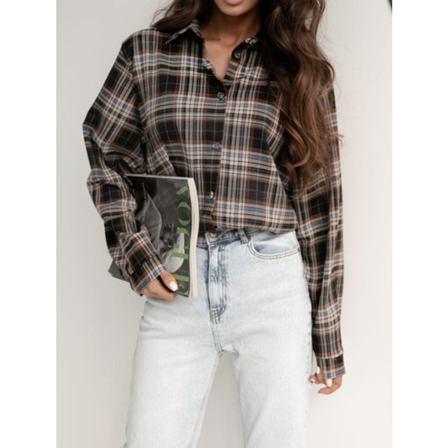 Plaid Collared Neck Long Sleeve Shirt Coffee Brown / S Apparel and Accessories