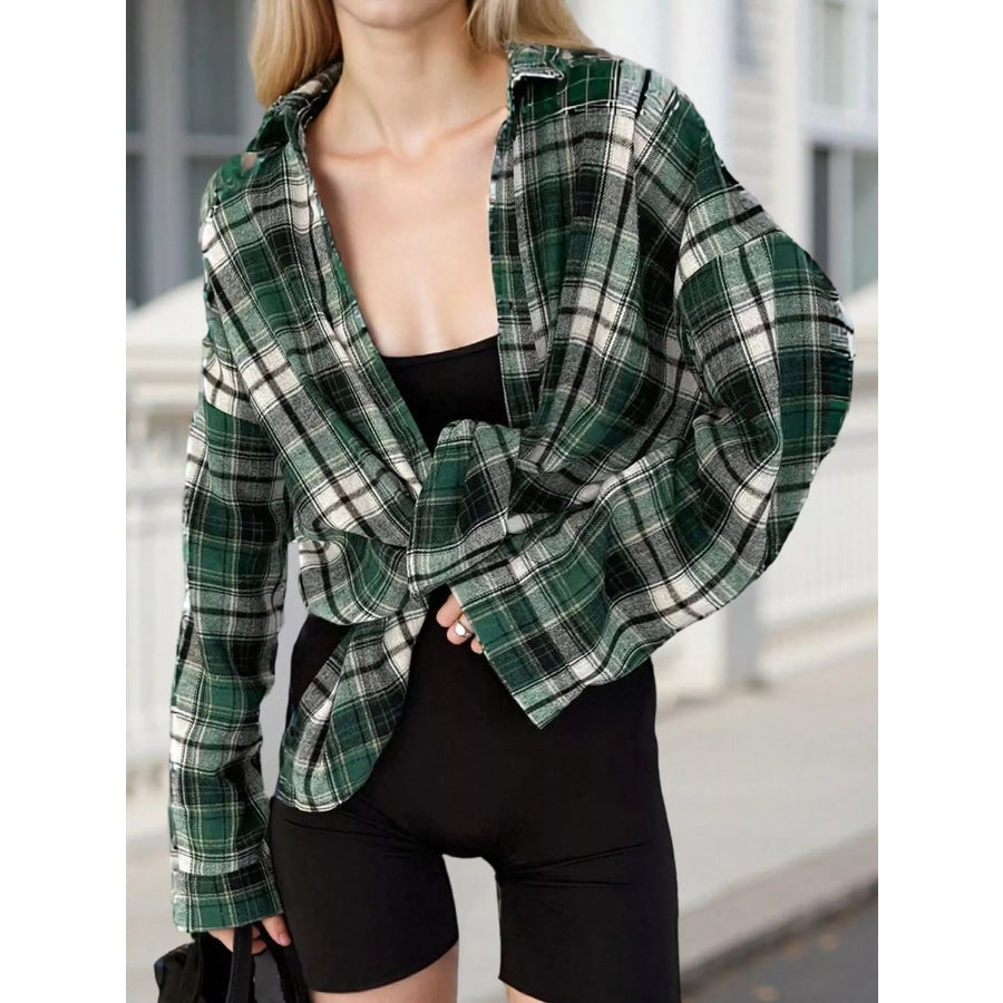 Plaid Collared Neck Long Sleeve Shirt Dark Green / S Apparel and Accessories