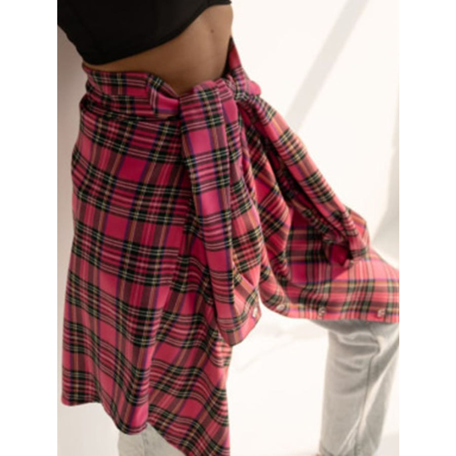 Plaid Collared Neck Long Sleeve Shirt Deep Rose / S Apparel and Accessories