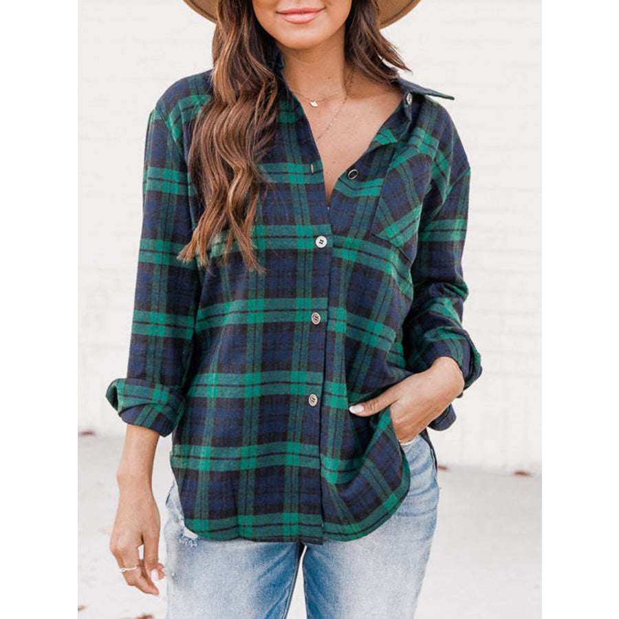 Plaid Collared Neck Long Sleeve Shirt Deep Teal / S Apparel and Accessories