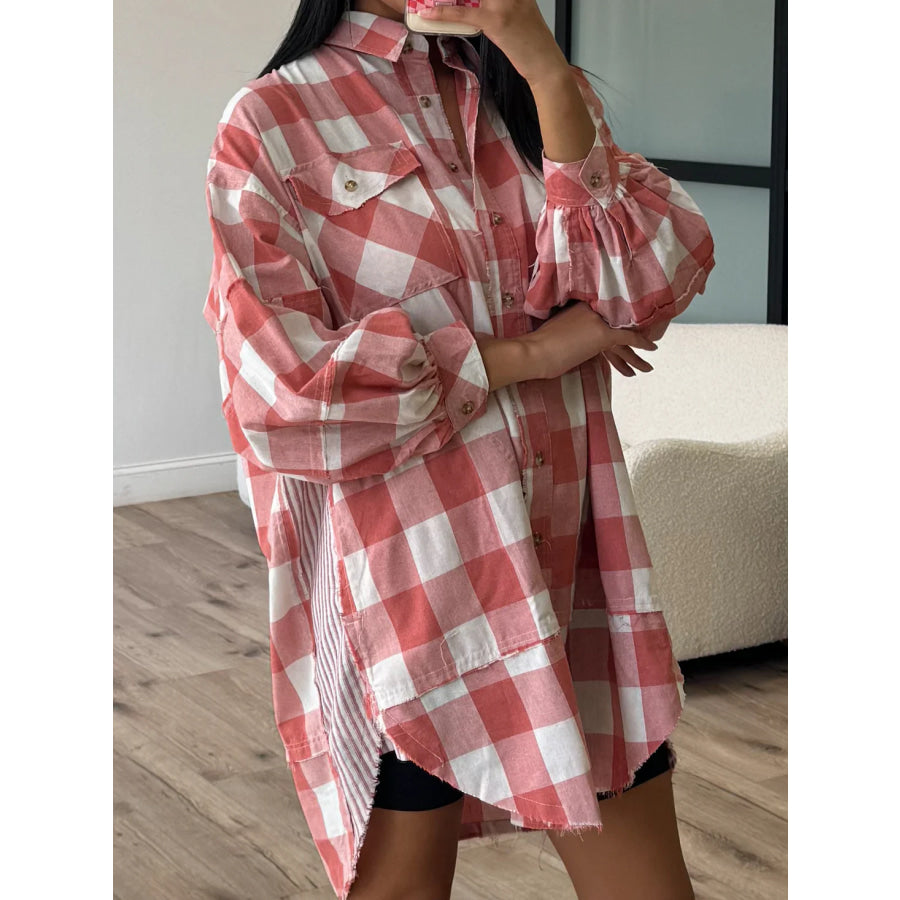 Plaid Collared Neck Long Sleeve Shirt Dress Apparel and Accessories