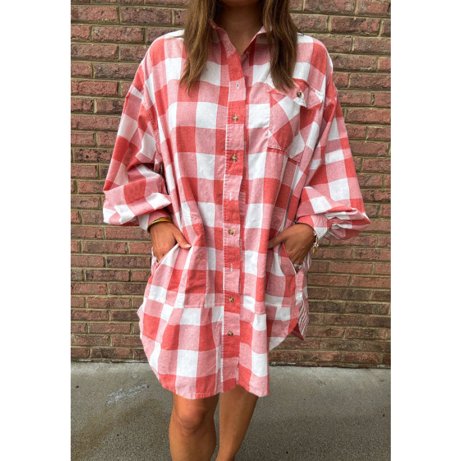 Plaid Collared Neck Long Sleeve Shirt Dress Strawberry / S Apparel and Accessories