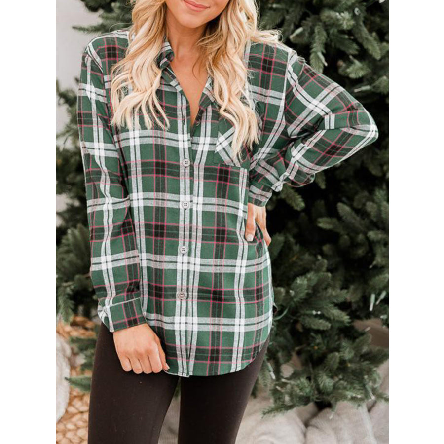 Plaid Collared Neck Long Sleeve Shirt Green / S Apparel and Accessories