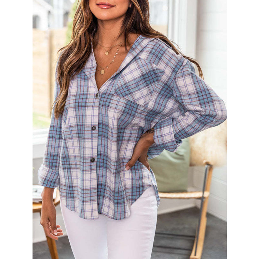 Plaid Collared Neck Long Sleeve Shirt Light Blue / S Apparel and Accessories