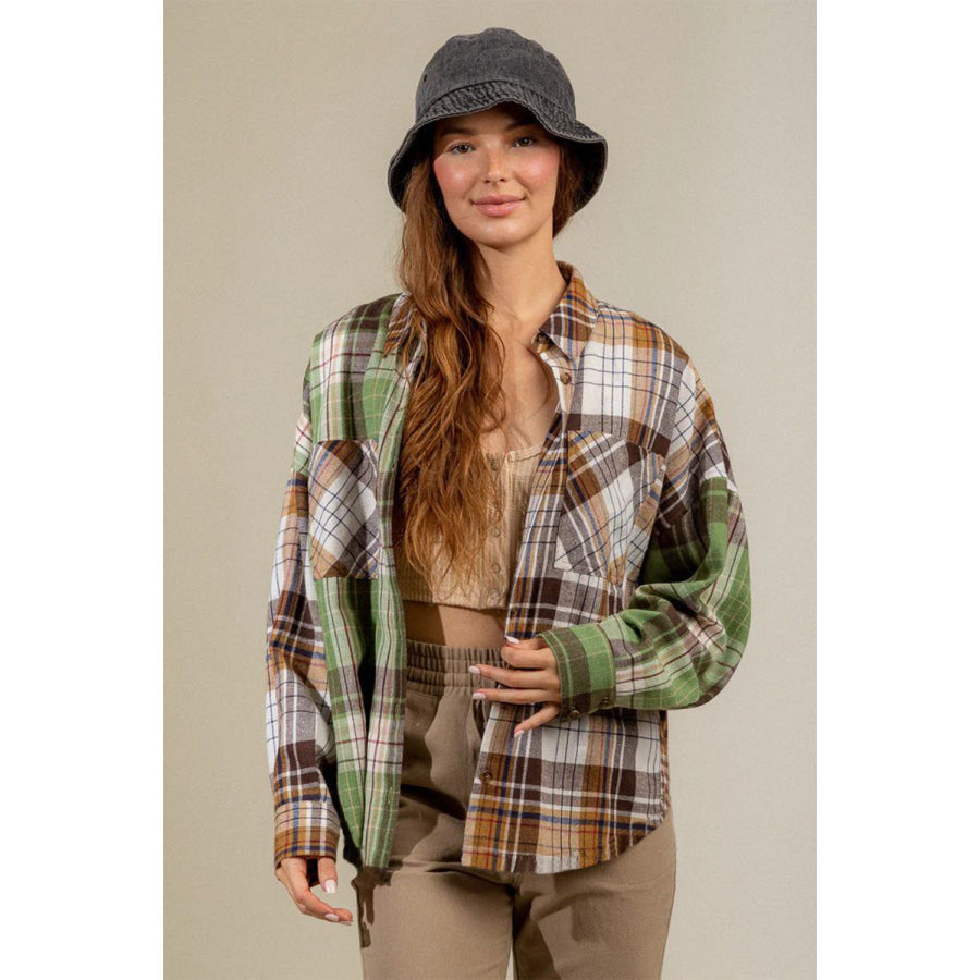 Plaid Collared Neck Long Sleeve Shirt Matcha Green / S Apparel and Accessories