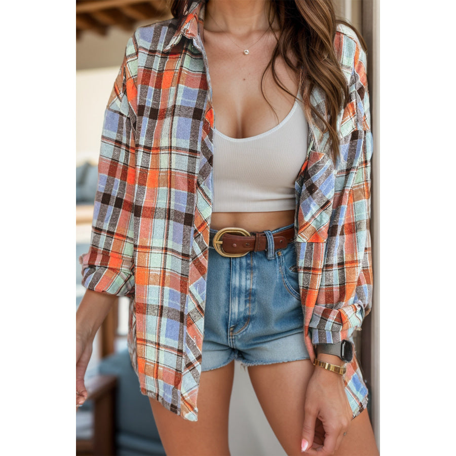 Plaid Collared Neck Long Sleeve Shirt Orange / S Apparel and Accessories