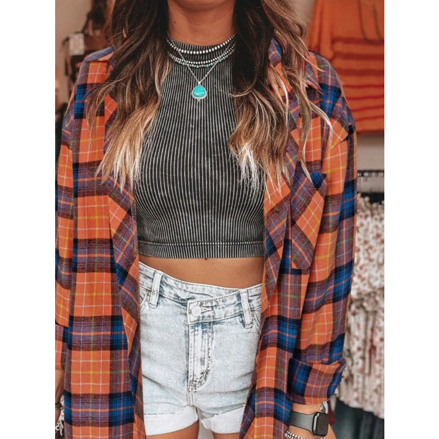 Plaid Collared Neck Long Sleeve Shirt Orange / S Apparel and Accessories