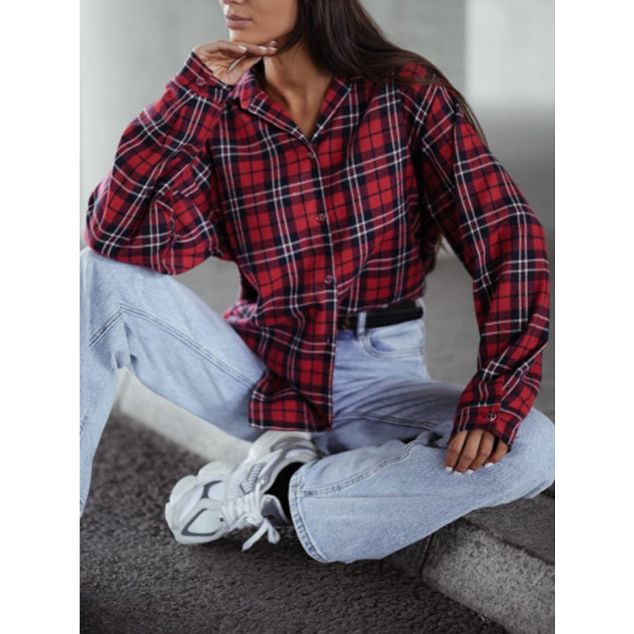 Plaid Collared Neck Long Sleeve Shirt Rust / S Apparel and Accessories