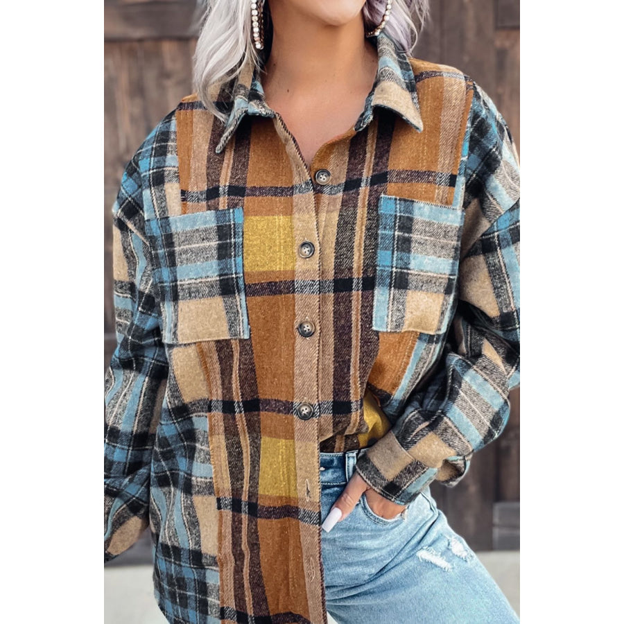 Plaid Collared Neck Long Sleeve Shirt Plaid / S Apparel and Accessories