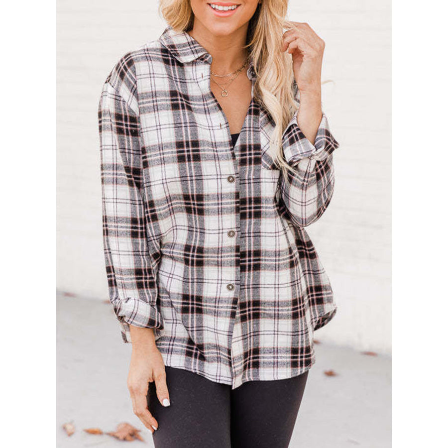 Plaid Collared Neck Long Sleeve Shirt White / S Apparel and Accessories