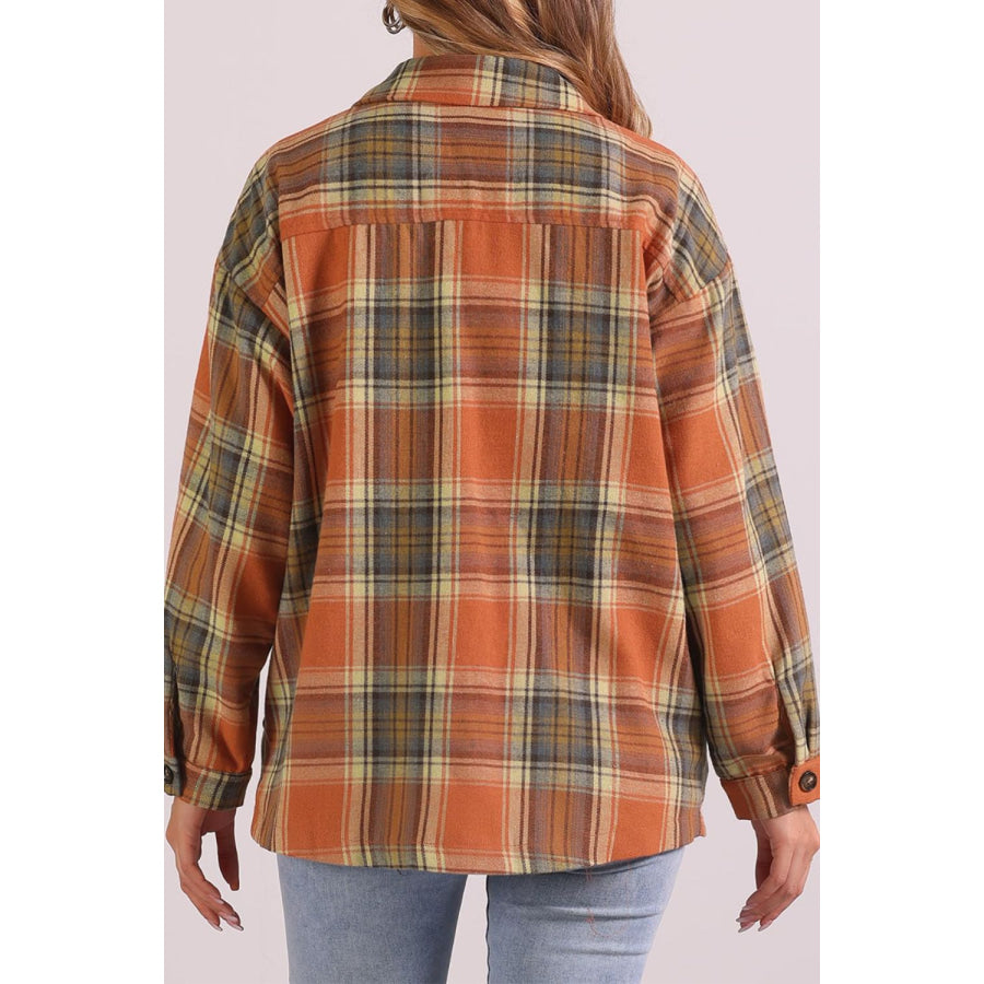 Plaid Collared Neck Long Sleeve Shirt with Chest Pockets Apparel and Accessories