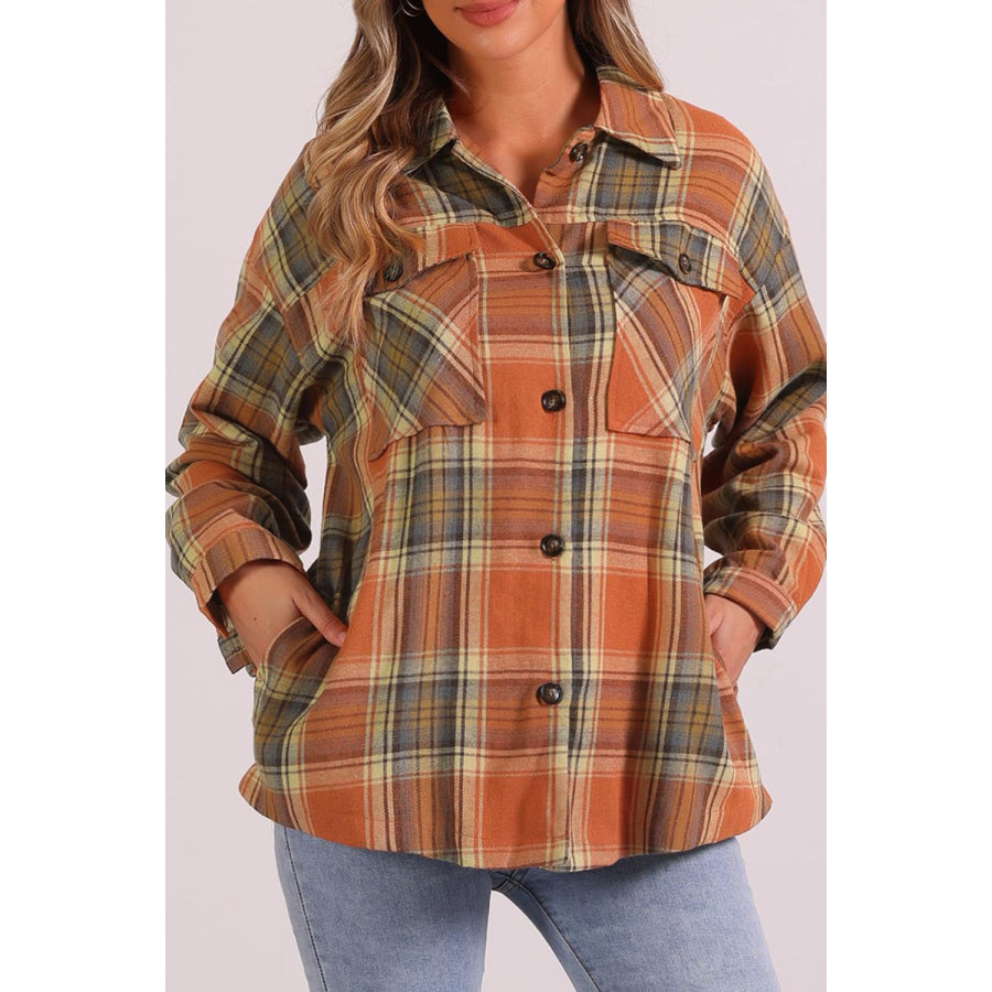 Plaid Collared Neck Long Sleeve Shirt with Chest Pockets Apparel and Accessories