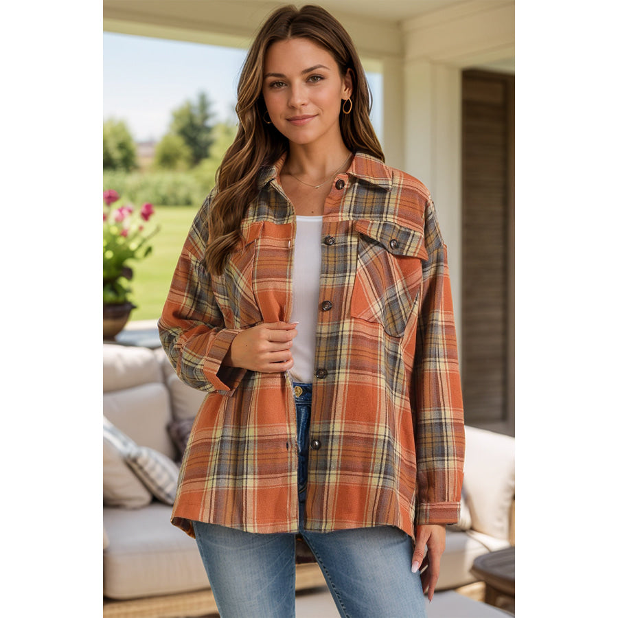 Plaid Collared Neck Long Sleeve Shirt with Chest Pockets Caramel / S Apparel and Accessories