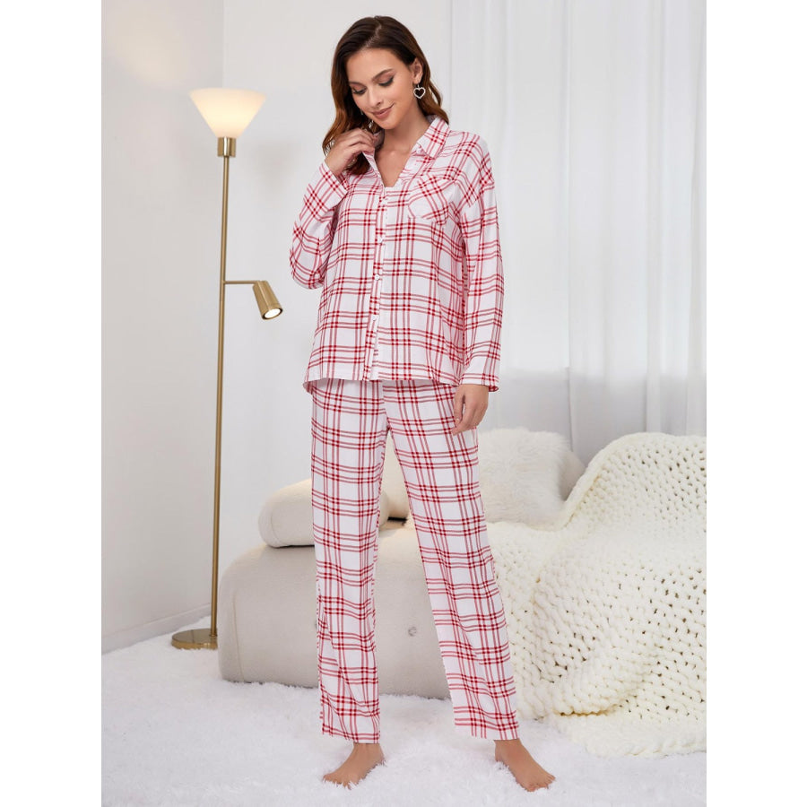 Plaid Collared Neck Long Sleeve Top and Pants Lounge Set Deep Red / S Apparel and Accessories