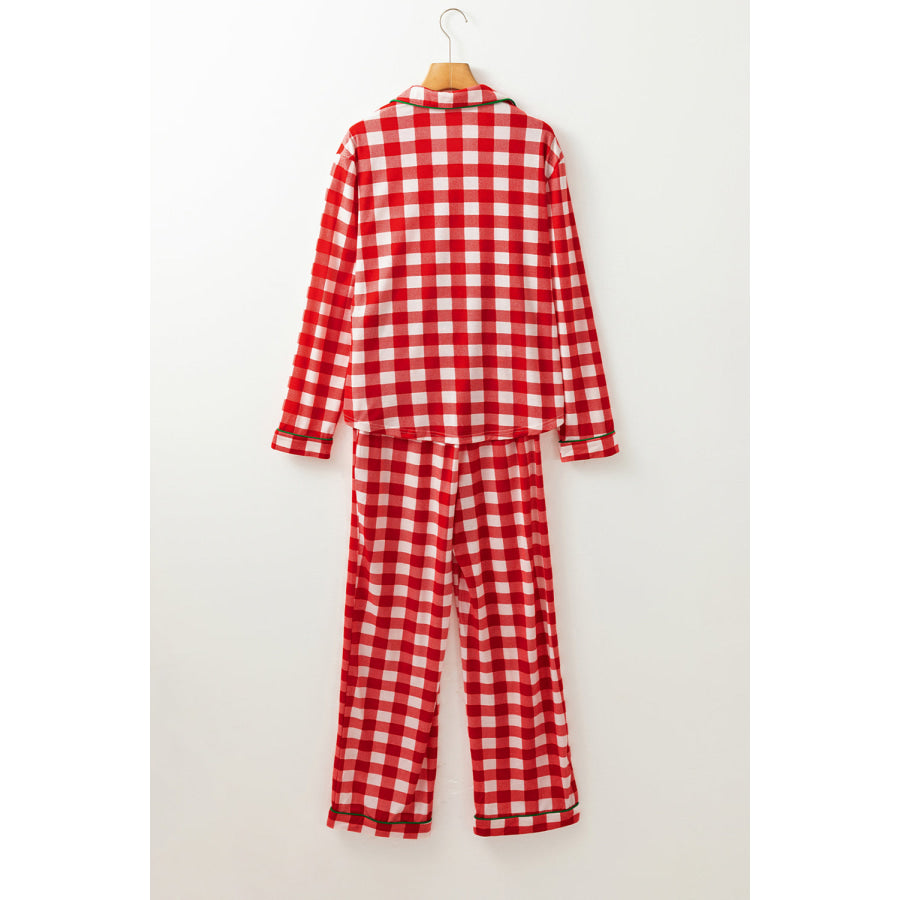 Plaid Collared Neck Long Sleeve Top and Pants Set Apparel and Accessories