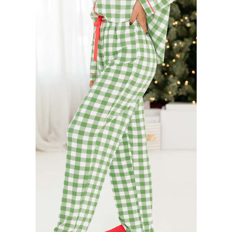 Plaid Collared Neck Long Sleeve Top and Pants Set Apparel and Accessories