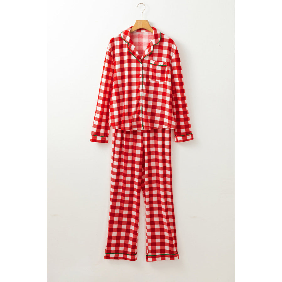 Plaid Collared Neck Long Sleeve Top and Pants Set Apparel and Accessories