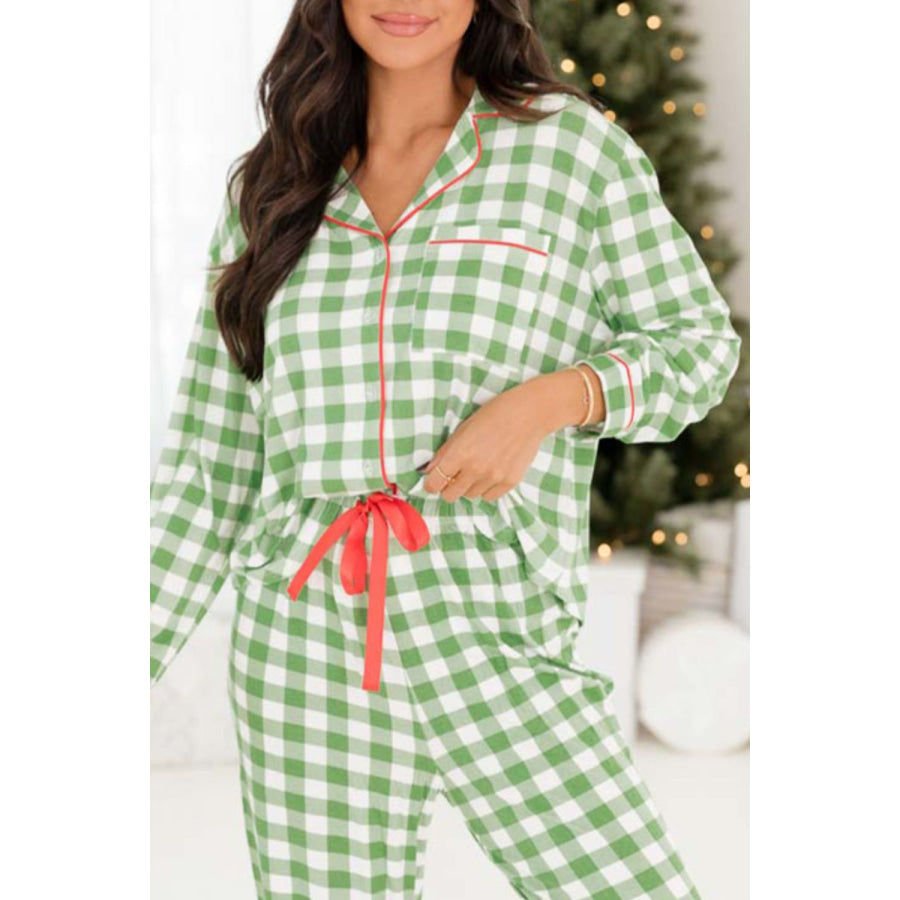 Plaid Collared Neck Long Sleeve Top and Pants Set Light Green / S Apparel and Accessories