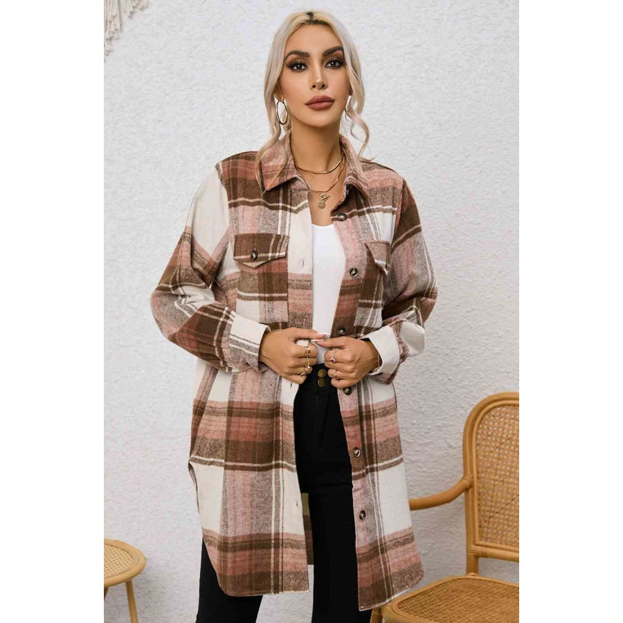 Plaid Collared Neck Longline Jacket Camel / S