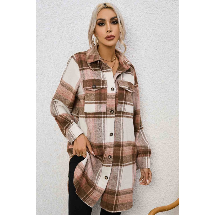 Plaid Collared Neck Longline Jacket