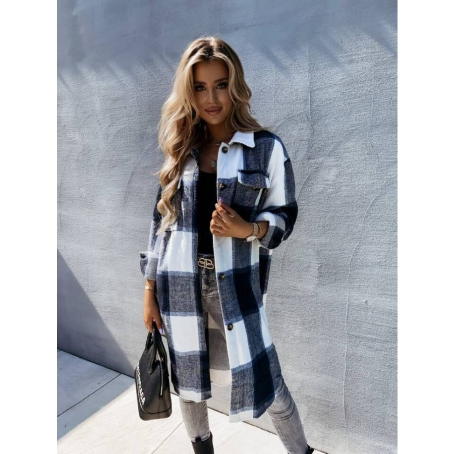 Plaid Collared Neck Longline Shirt Black / S