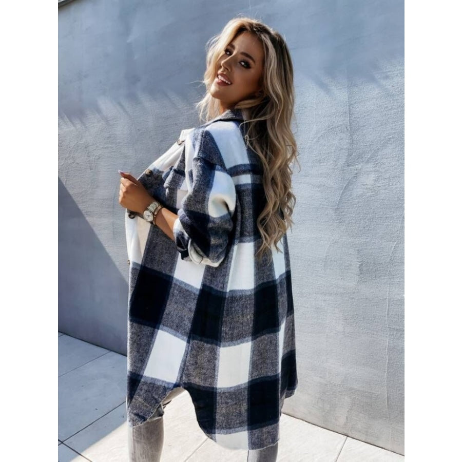 Plaid Collared Neck Longline Shirt