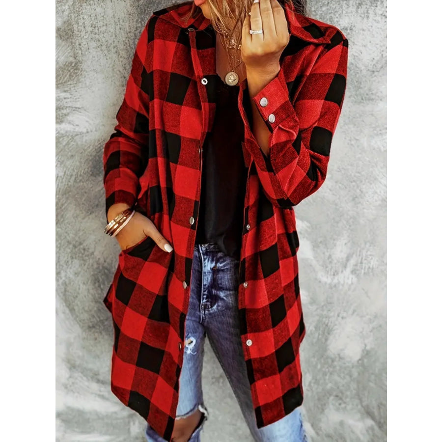 Plaid Collared Neck Snap Down Long Sleeve Jacket Apparel and Accessories