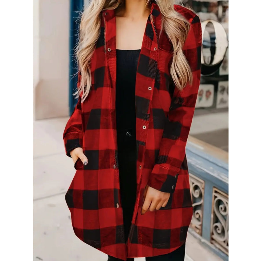 Plaid Collared Neck Snap Down Long Sleeve Jacket Apparel and Accessories